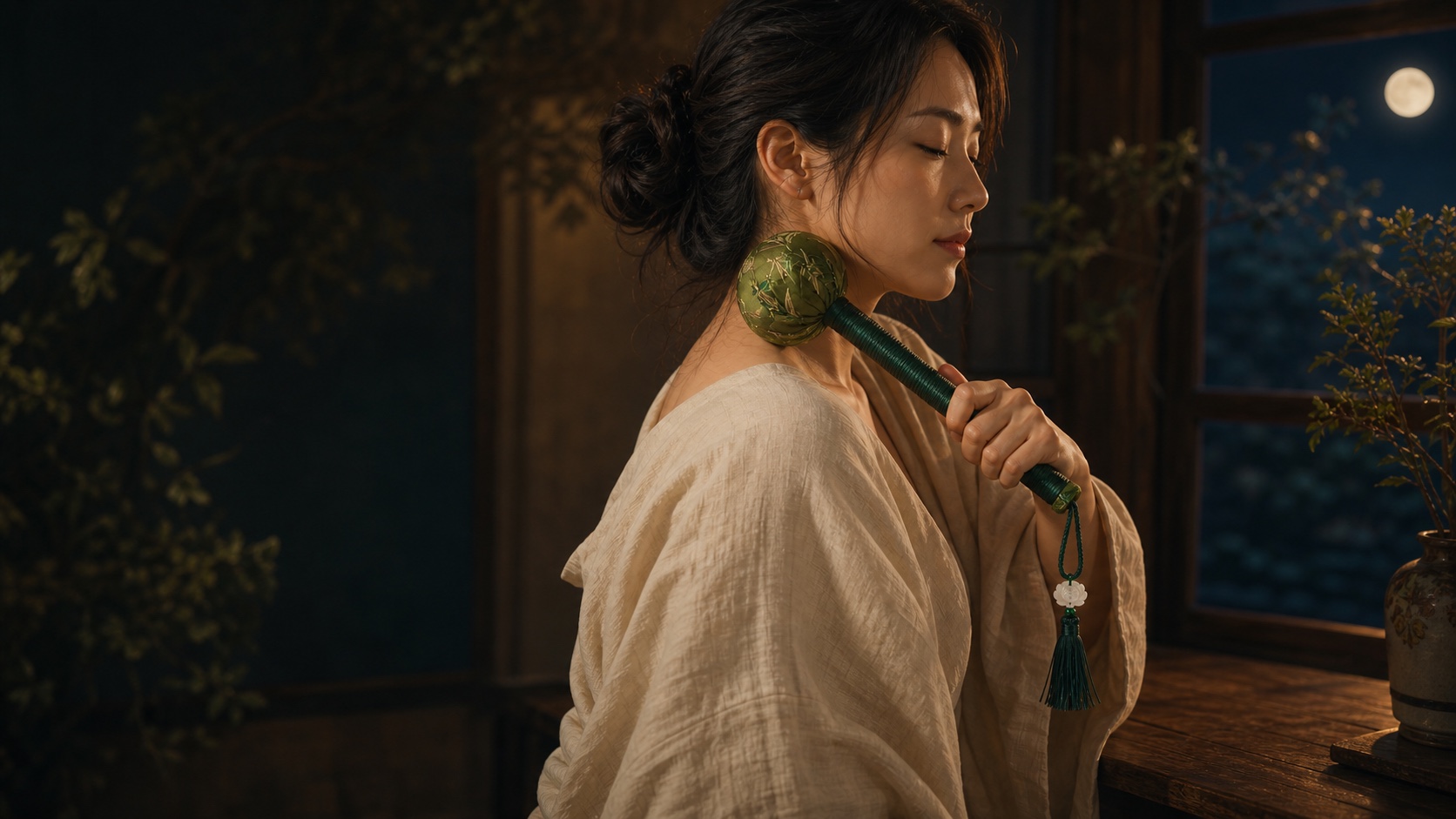 女性以艾草舒心錘進行月下暖心儀式