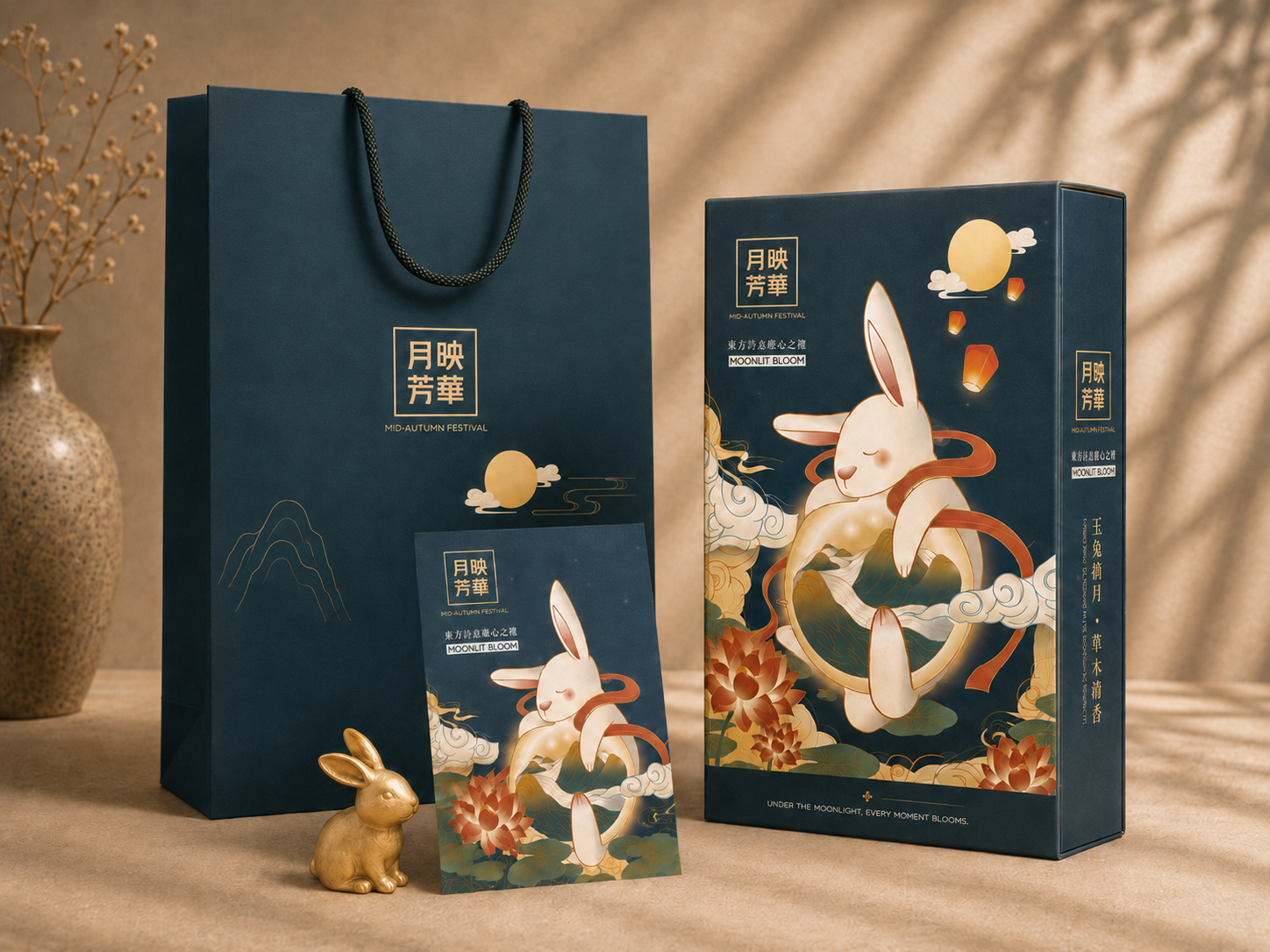 月映芳華中秋提袋、完整禮盒、祝福小卡與金色玉兔擺件